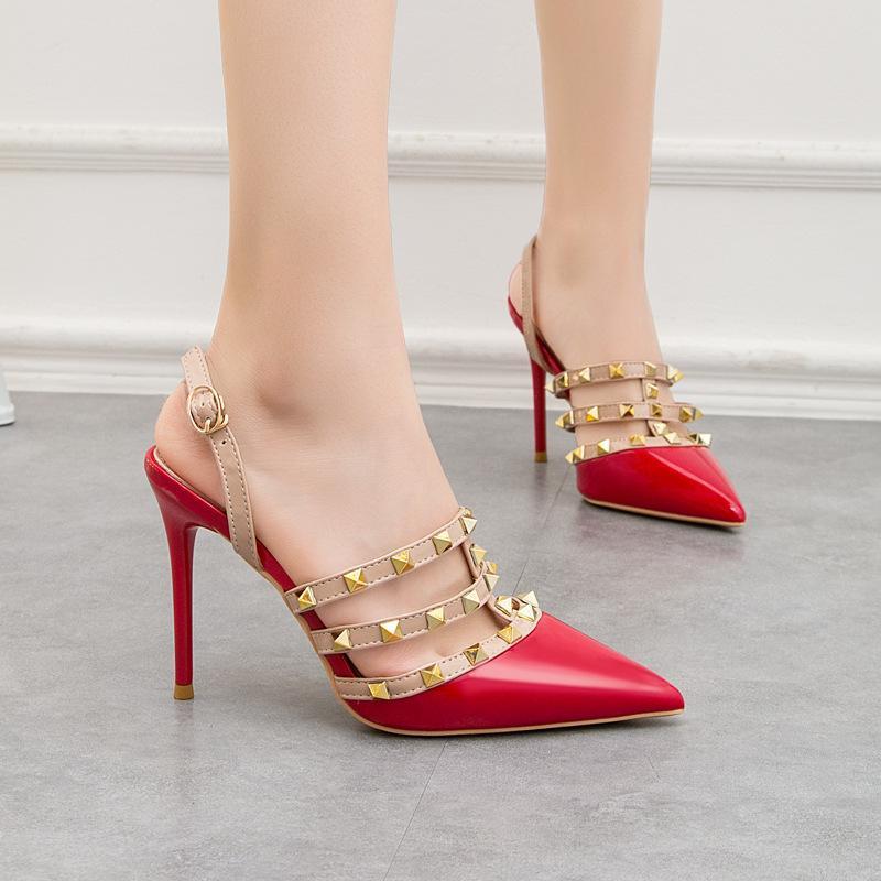 PU leather and rubber materials Metal stud decoration stiletto Buckle closure Pointed style 3.9 '| Heel height 100mm
