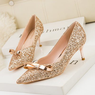 Sequins Gold Silver Heels Office Formal Bow