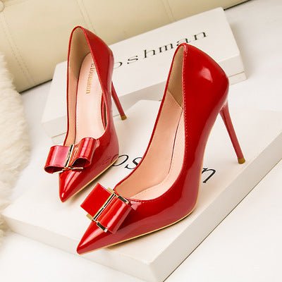 Sweet Bow Tie Shallow Pointed Toe Patent Leather High Heels
