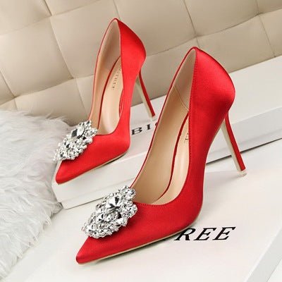 Wedding Faux Silk Satin Rhinestone Crystal Shallow High Heels