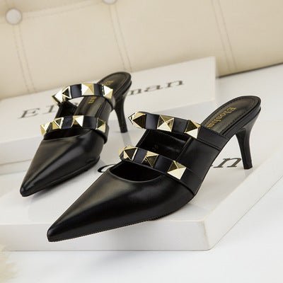 Women Slipper Brand Rivet Pointed Toe Slip On Mules High Heels
