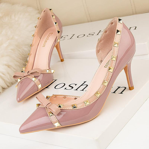 Womens Fashion Stiletto Bowknot Closed Toe Side Cutout With Rivet Party Bridal Shoes